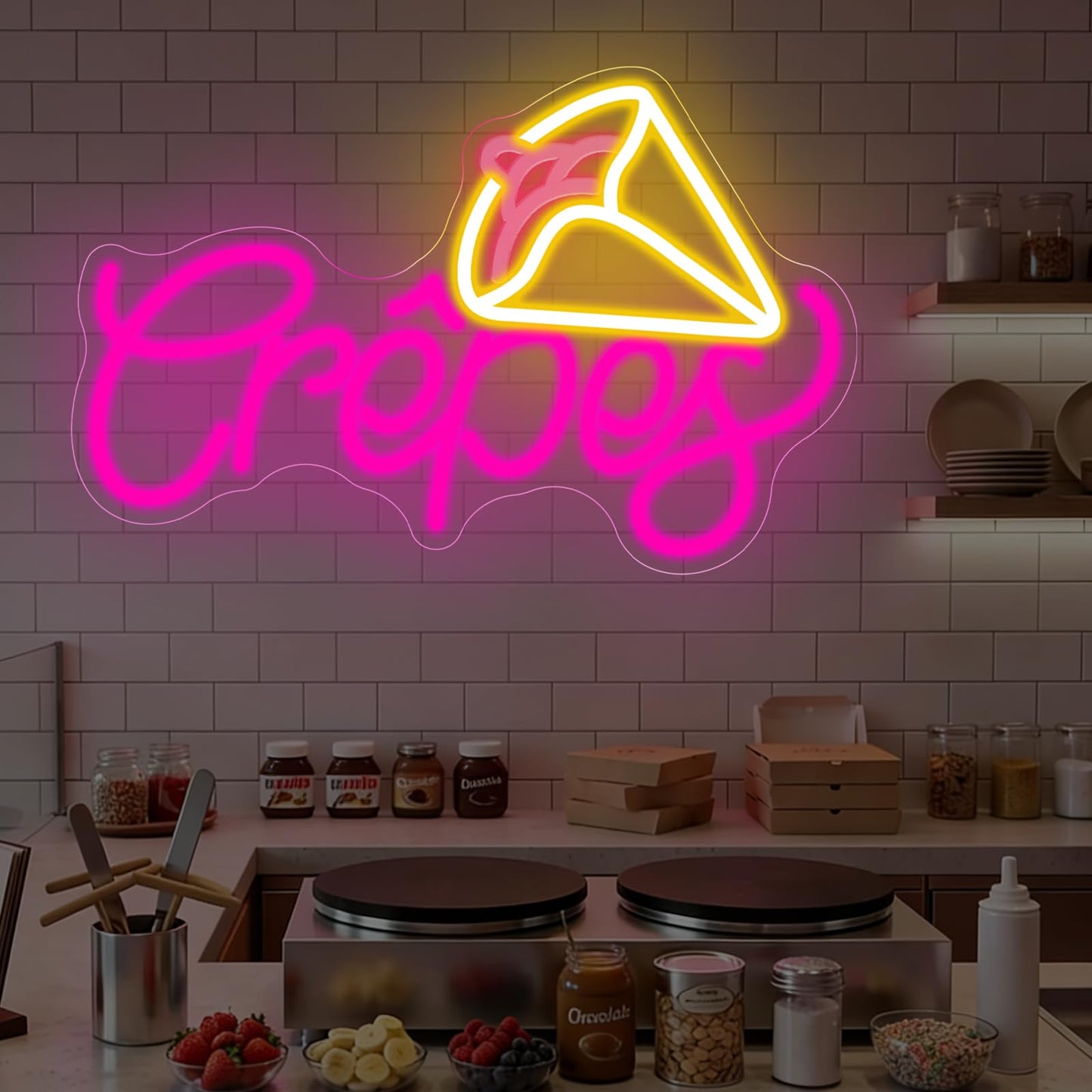 French Crepes Neon Sign, LED Neon Sign Wall Decor for Dessert Café Bakery Kitchen, Food Neon Signs for Wall Decor Gift for Crepe Lovers 16.7” × 10.8”
