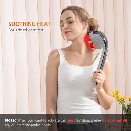 Snailax Cordless Handheld Back Massager with Heat, Deep Tissue Percussion Massager, 3 Sets of Dual Pivoting Heads,Rechargeable Hand Held Massager for Neck,Back Shoulder,Calf,Legs