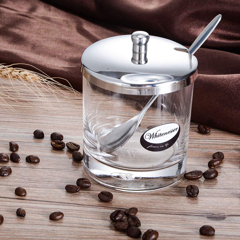 Whitenesser Glass Sugar Bowl with Lid Spices Bottles Jar with Stainless steel Spoon Serving for Spices Paprika, Salt,Cumin, 8 Ounces(225 Milliliter)