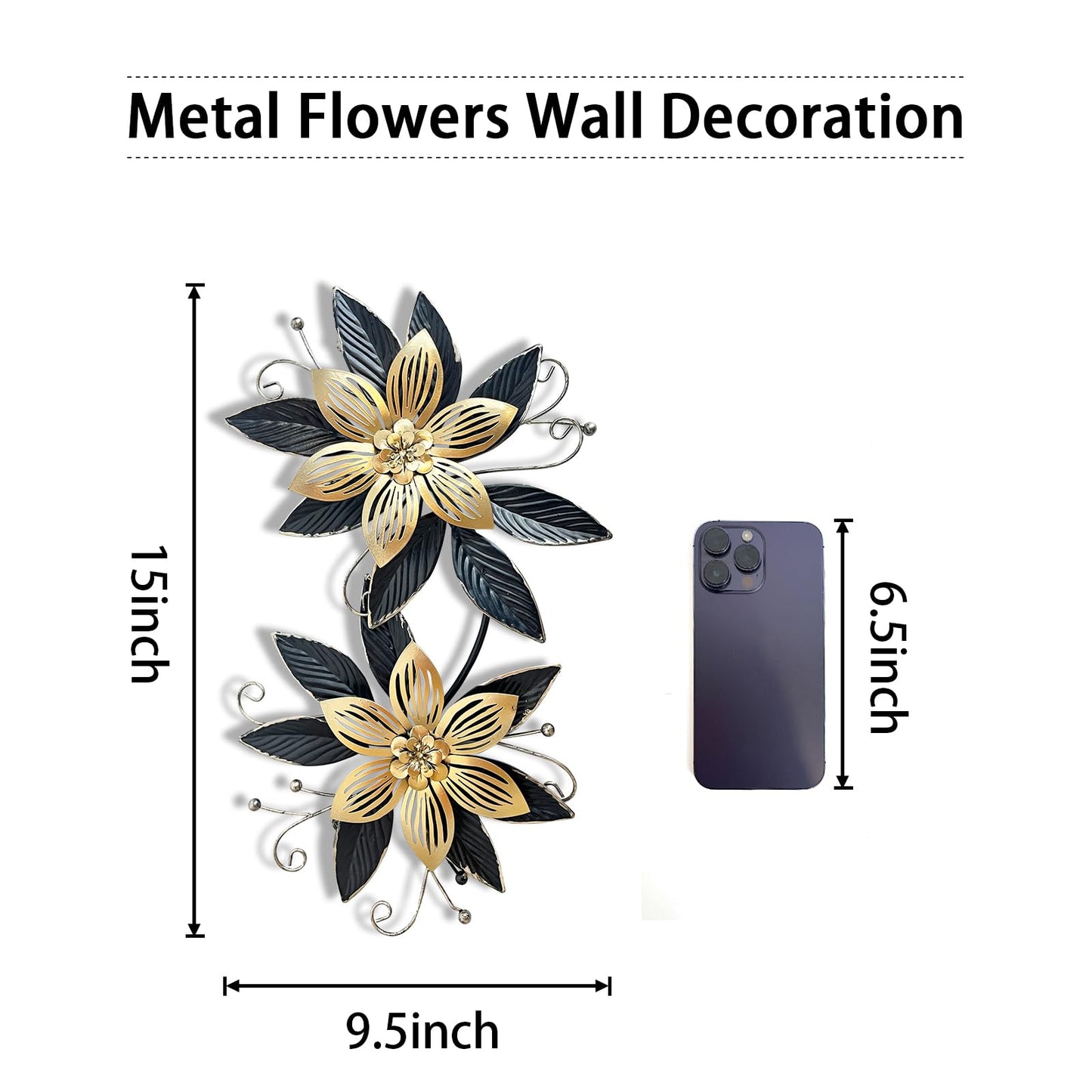 LIFFY Black Wall Decor,15" 3D Multi-layer Metal Flowers Wall Decor, Rustic Modern Floral Sculpture for Indoor Kitchen Bedroom Living Room Office Outdoor Garden Patio