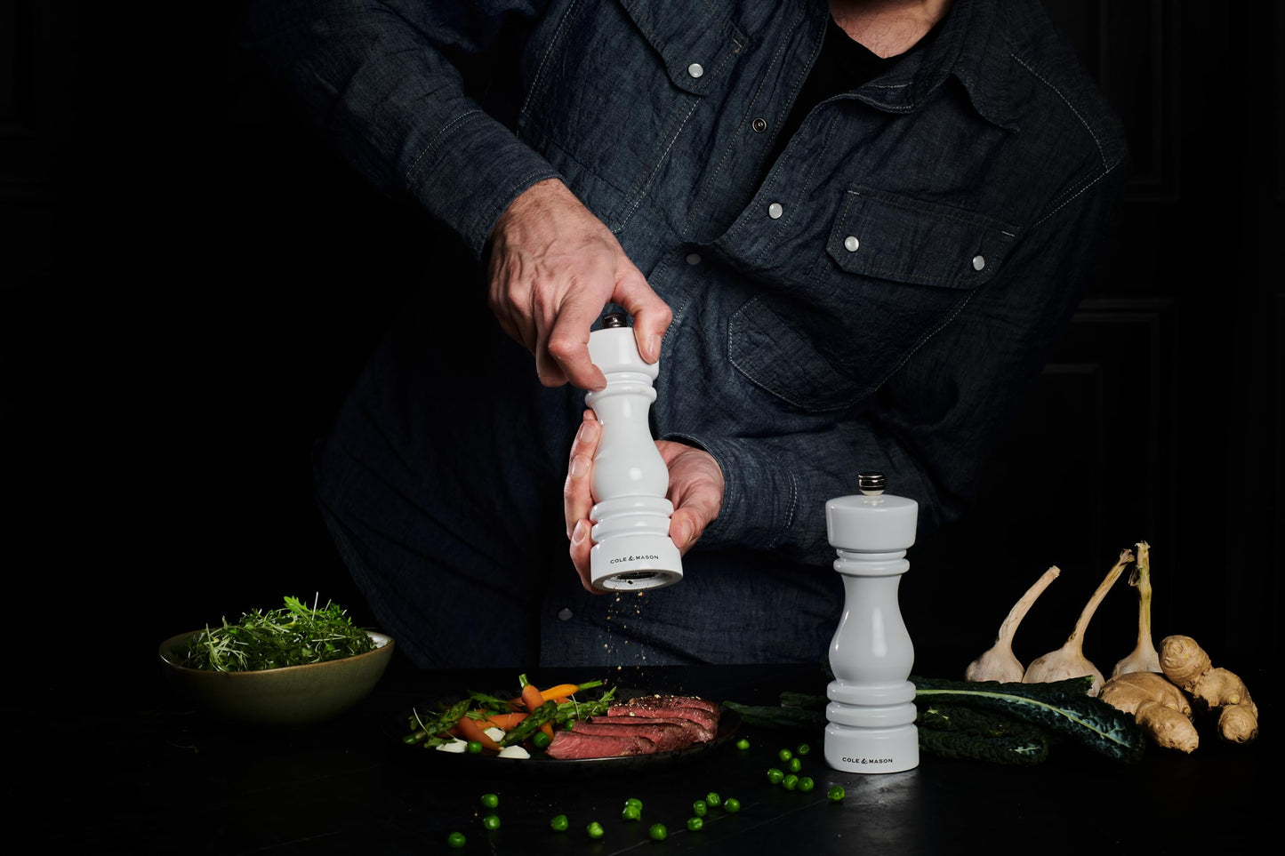 Cole & Mason H233095 London White Gloss Salt and Pepper Mill Set, Precision+ Carbon/Ceramic Mechanisms, Salt and Pepper Grinders with Adjustable Grind, Beech Wood, 180mm, Gift Set