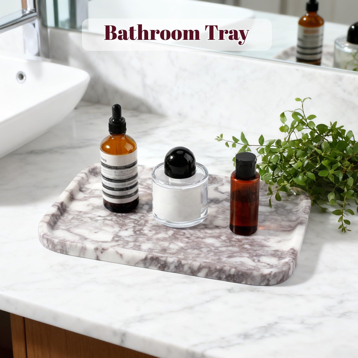 Karibiber Luxury Marble Vanity Tray, Bathroom Tray Countertop, Calacatta Marble/Stone, Home Decorative Dresser Organizer, Storage for Kitchen Sink, Perfume Jewelry Holder(Purple&White)