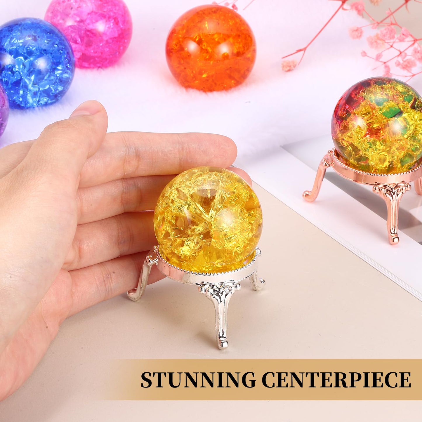 PATIKIL Crystal Ball 40mm, Ice Cracked Glass Ball with Metal Stand, Decorative Crystal Sphere Glass Paperweight for Home Office Table Decor, Purple/Gold
