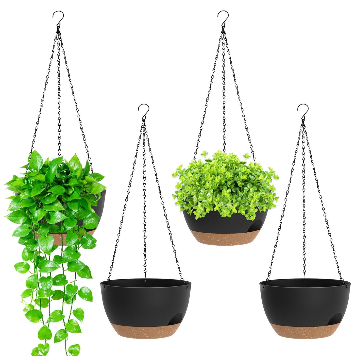 SQKH 8 Inch Hanging Planters for Indoor Outdoor Plants, 4 Pack Black Brown Plastic Self Watering Hanging Baskets with Drainage Holes and Chain for Garden Porch