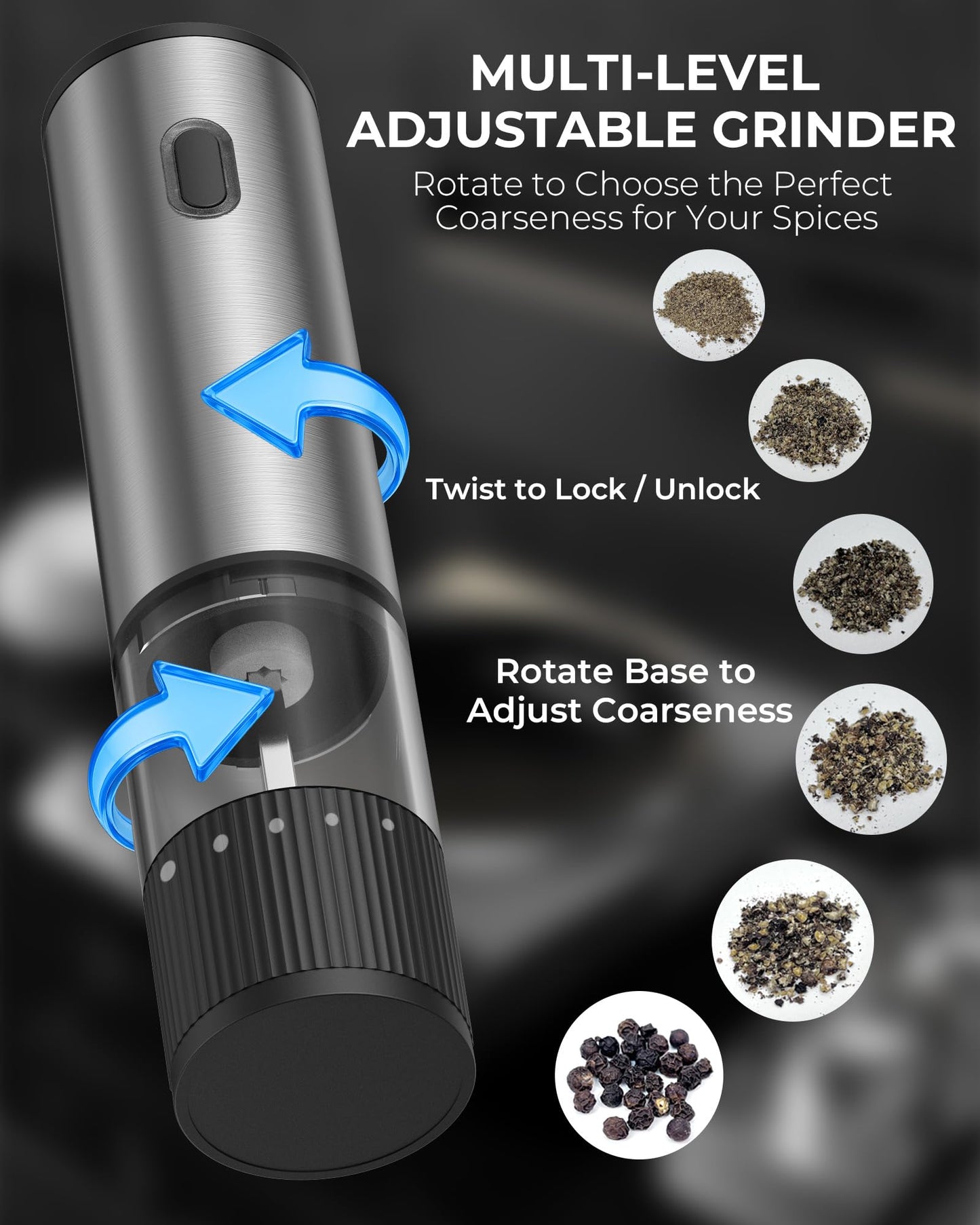 Electric Salt and Pepper Grinder Set, USB Rechargeable Salt and Pepper Shaker with LED Light, Stainless Steel Adjustable Automatic Pepper Mill for Kitchen, Dining