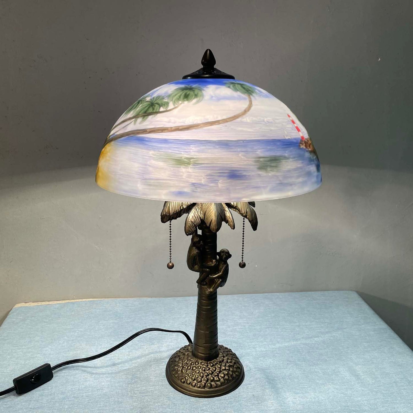 Bieye L10944 Coconut Trees Tropical Beach Hand-Painted Glass Table Lamp with Monkeys Harvesting Coconuts Lamp Base for Home Decor