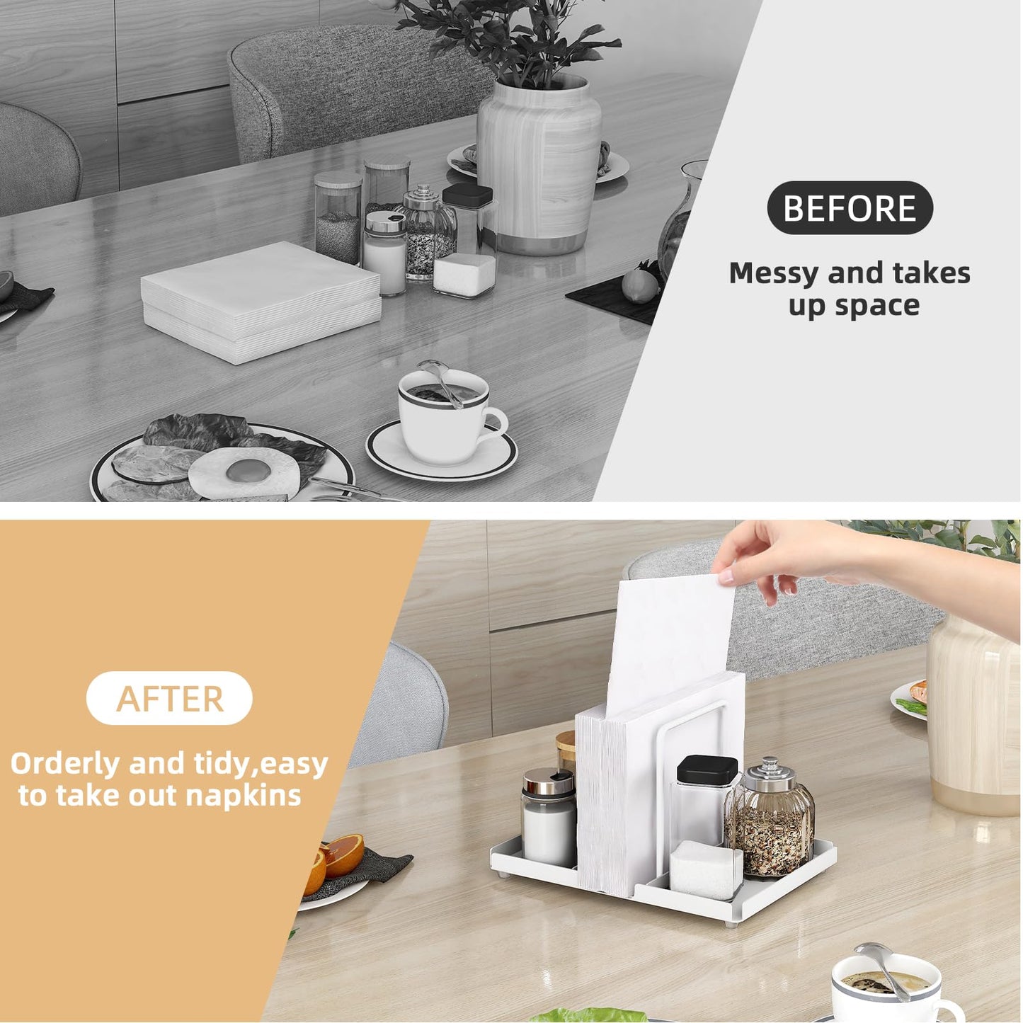 Napkin Holder for Table, Metal Napkin Holder with Salt and Pepper Shakers Caddy, Standing Paper Napkin Storage for Kitchen Dining Table Decor, White