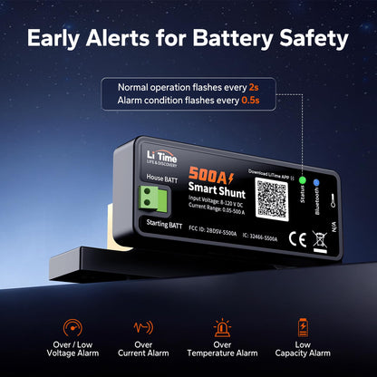 Litime 500A Bluetooth Battery Shunt, Compatible with 8V–120V Lead Acid, LFP, Lithium, AGM Batteries, SOC, Alarm Alerts, History Records, App Monitoring, Ideal for RV/Marine/Off-Grid
