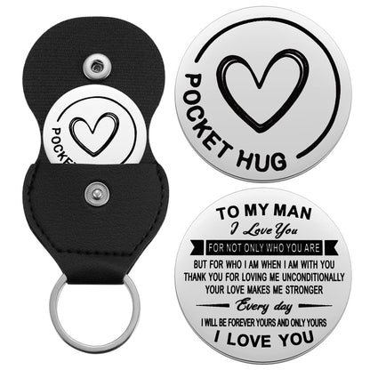 To My Men Pocket Hug Token I Love You Gift for Husband Boyfriend Birthday Christmas Anniversary Valentines Day Gift for Him Double Sided Message Engraved with Leather Keychain