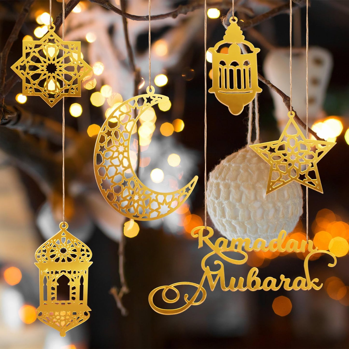 6pcs Ramadan Ornaments, Acrylic Ramadan Kareem Decoration Eid Mubarak Pendant Wind Light Moon Star Shaped Ramadan Decor for Hanging on Walls Windows Trees (Golden)