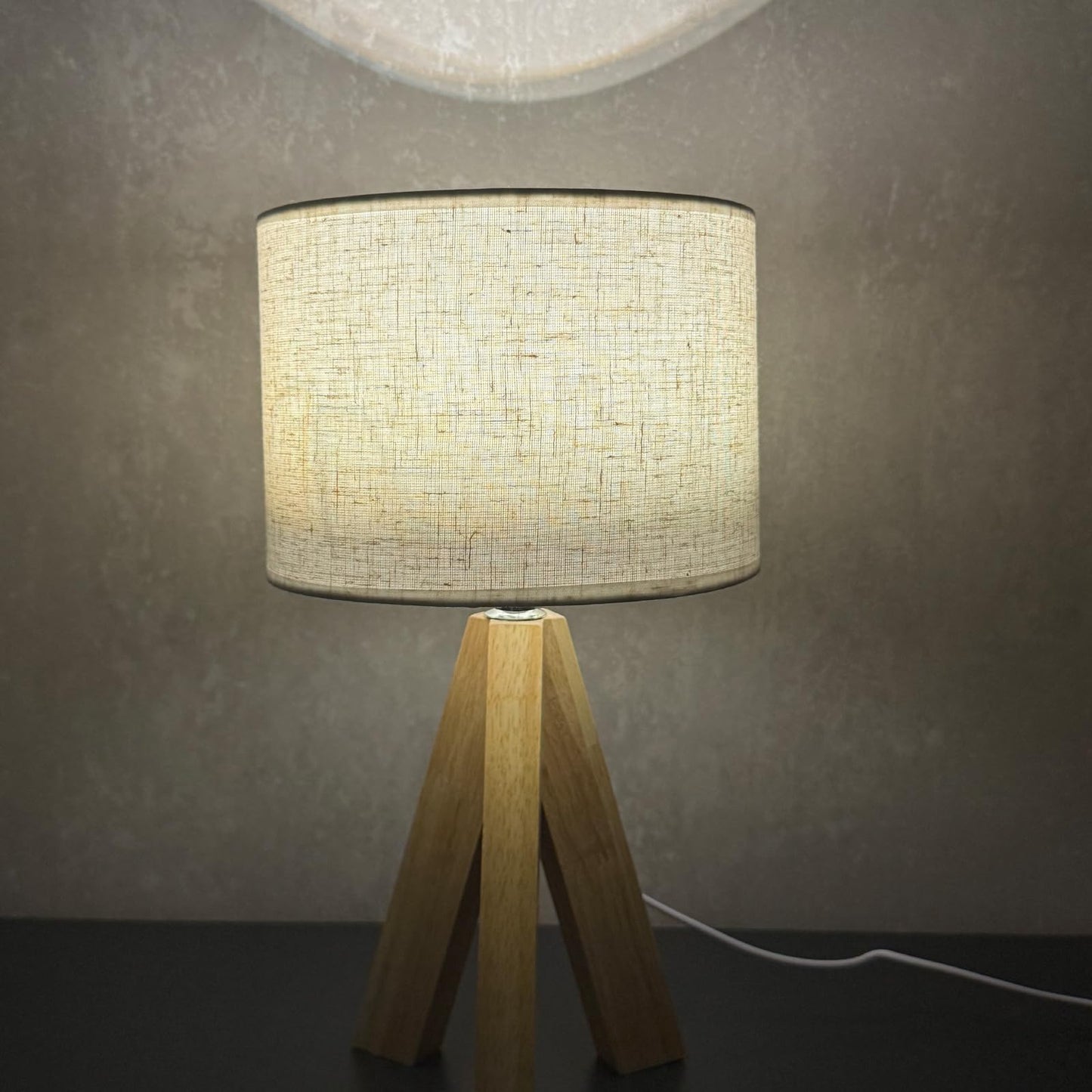 Tripod Table Lamp, Small Cute Bedside Lamp with Linen Beige Lampshade, Nightstand Lamp for Nursery, Bedroom, Kid Room, Living Room, Light Brown Wooden Base, E26 Socket, 12.8Inch, 3000K, 4500K, 6000K