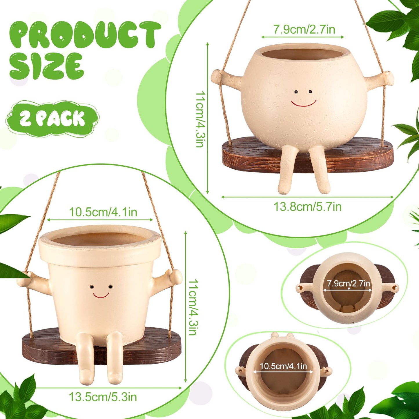 Domensi 2 Pcs Swing Hanging Planter Cute Smile Flower Face Pot Indoor Outdoor Pots for Succulent String of Pearls Plants Plant Ideal Gifts for Christmas Birthday(Swing Mixed Shapes,Mixed Sizes)