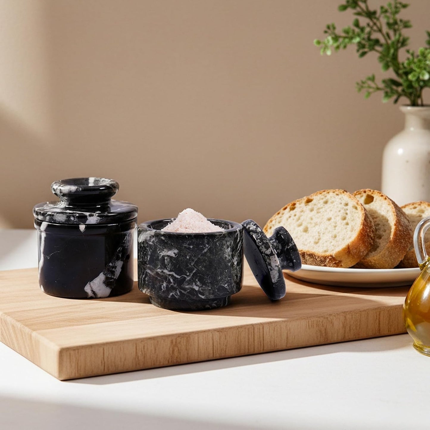 Marble Butter Keeper and Salt Cellar Set, Black Zebra Marble Kitchen Counter Containers for Butter, Seasoning & Condiments, Home & Kitchen Décor