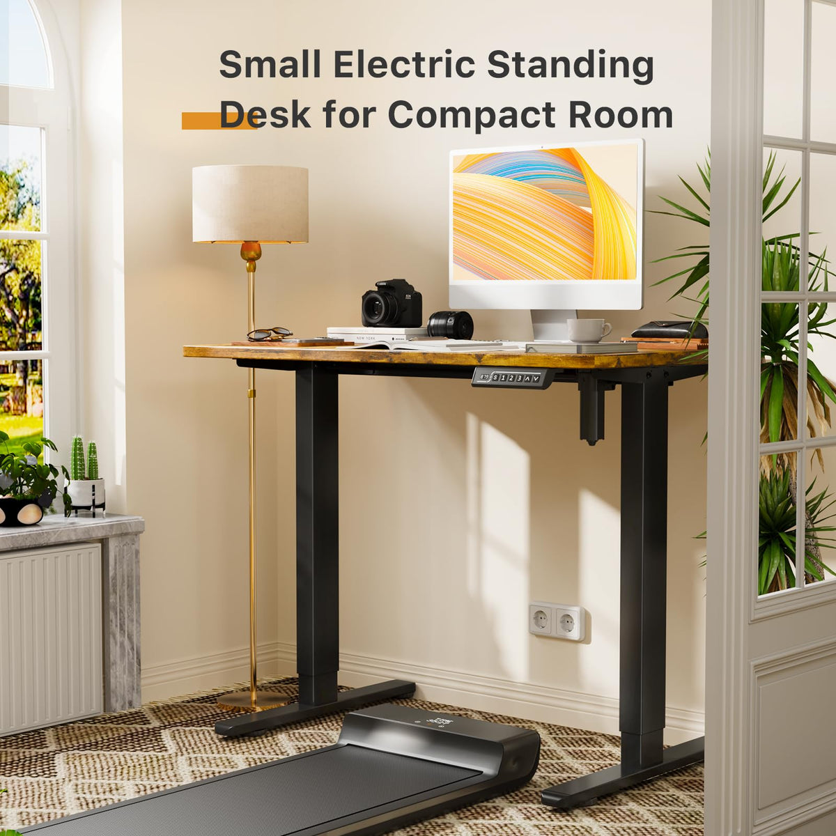 JOY worker Small Electric Standing Desk, 40" x 20" Whole Piece Height Adjustable Table with Memory Controller, Black Sit to Stand Desk Workstation for Home Office, Rustic Brown