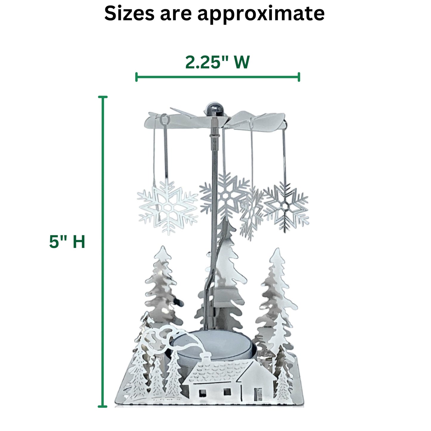 Winter Cabin Silver Holiday Candle Spinners Set of 3, Silver Plated Laser Cut Christmas Tea Light Candle Holders with Cabin, Trees & Snowflake Charms, Spinning Winter Scene Table Decor, 5 Inch