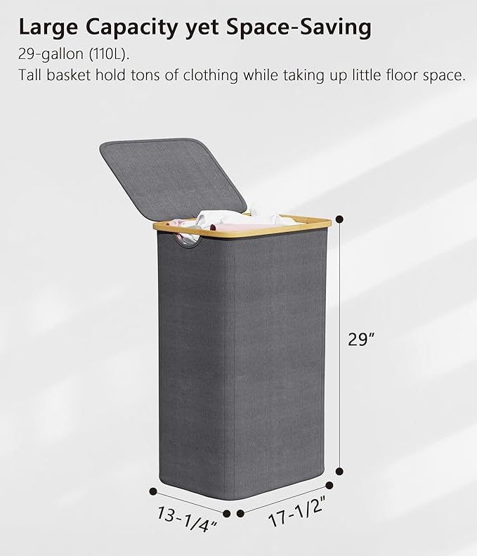 SUOCO Laundry Hamper with Lid, 29 Gal Clothes Basket with Bamboo Handles
