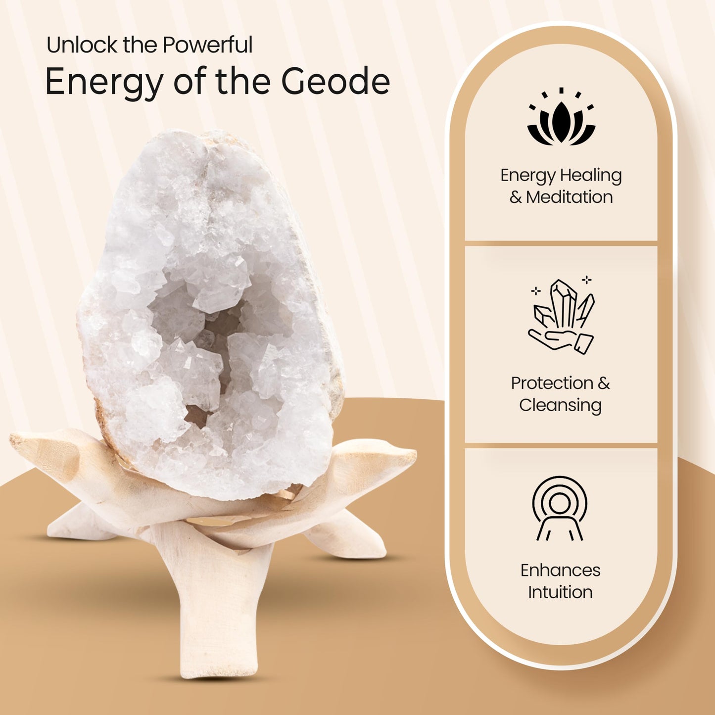 Geode Crystal with Wooden Stand – Moroccan Clear Quartz Crystal Cluster Geode for Meditation, Healing Crystals, Cleansing Energy, & Spiritual Gifts – Crystal Home Decor