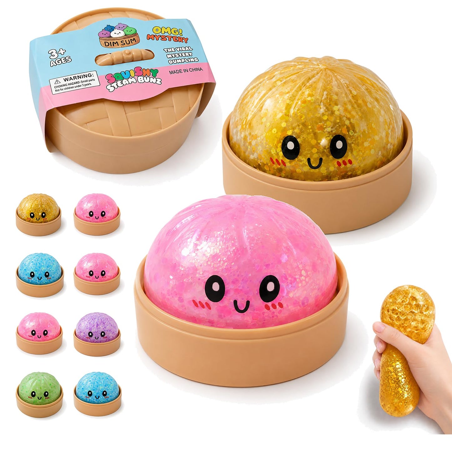 Glitter Dumpling Squishy with Mystery Box, Water Squishy Bead Texture, Colorful Stress Balls Fidget Sensory Toy, Steamer Box, Squeeze Toys for Adults, Gold Glitter, Crystal Clear Look (Gold+Pink)