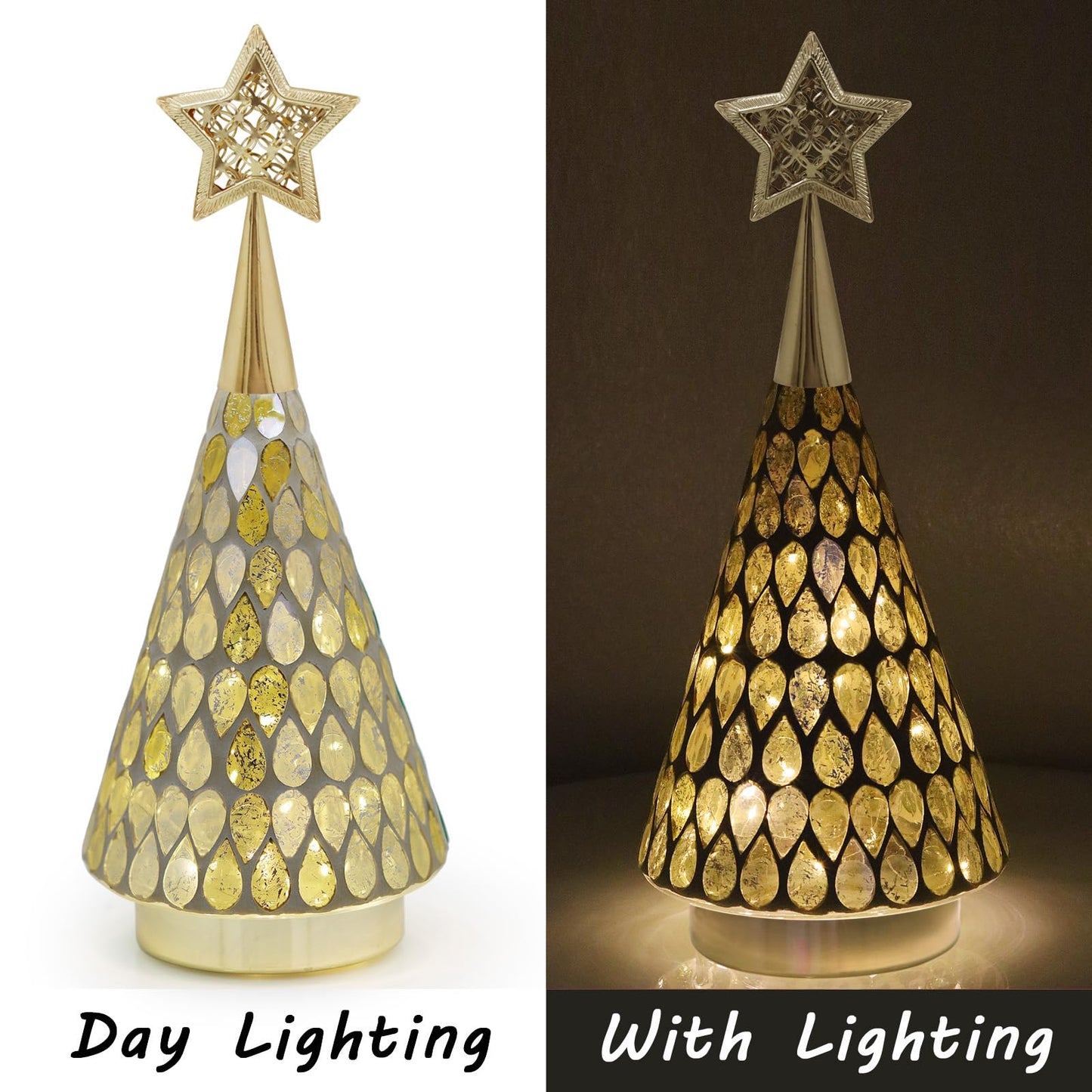 Mosaic Glass Christmas Tree Gold with Star, 3 PCS Small Tabletop Christmas Trees with Light, Battery Operated Xmas Tree for Bedroom Decor 11"