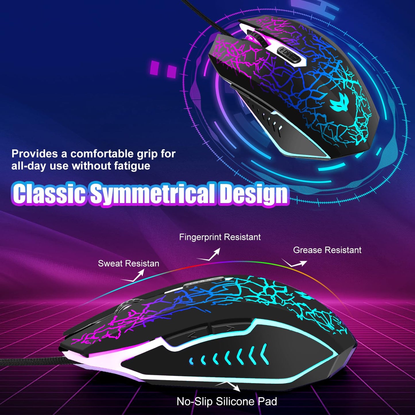 Wireless Gaming Mouse, Rechargeable Wireless Computer Mouse, 7-Color LED Light, Ergonomic Mouse with 6 Silent Click Buttons, 3 Adjustable 2400 DPI Wireless Mouse for Laptop,PC,Mac, Black
