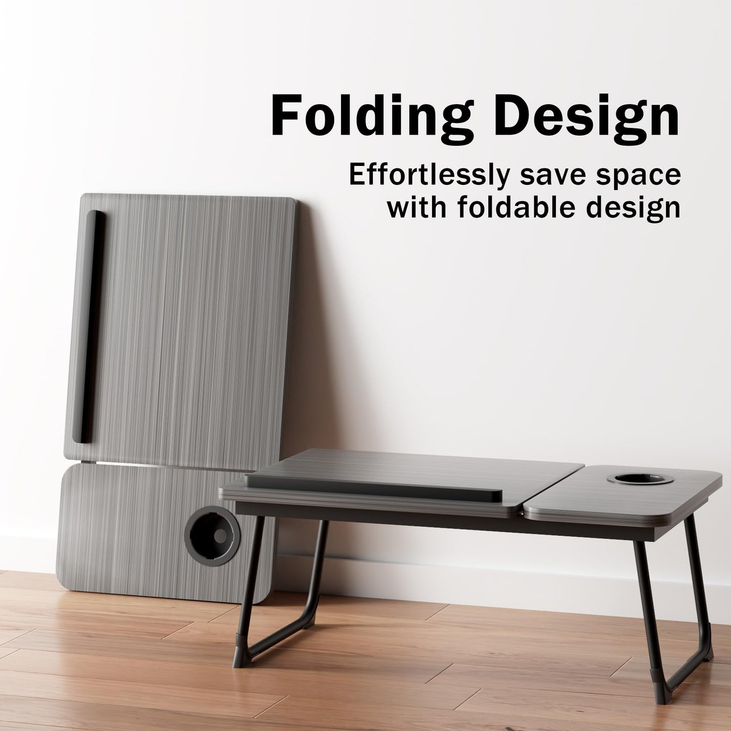 Laptop Bed Table, Laptop Bed Desk with Foldable Legs & Cup Slot, Adjustable Trays, Reading Book Holder Notebook Stand Laptop Tray for Bed, Sofa,Terrace,Carpet, Black