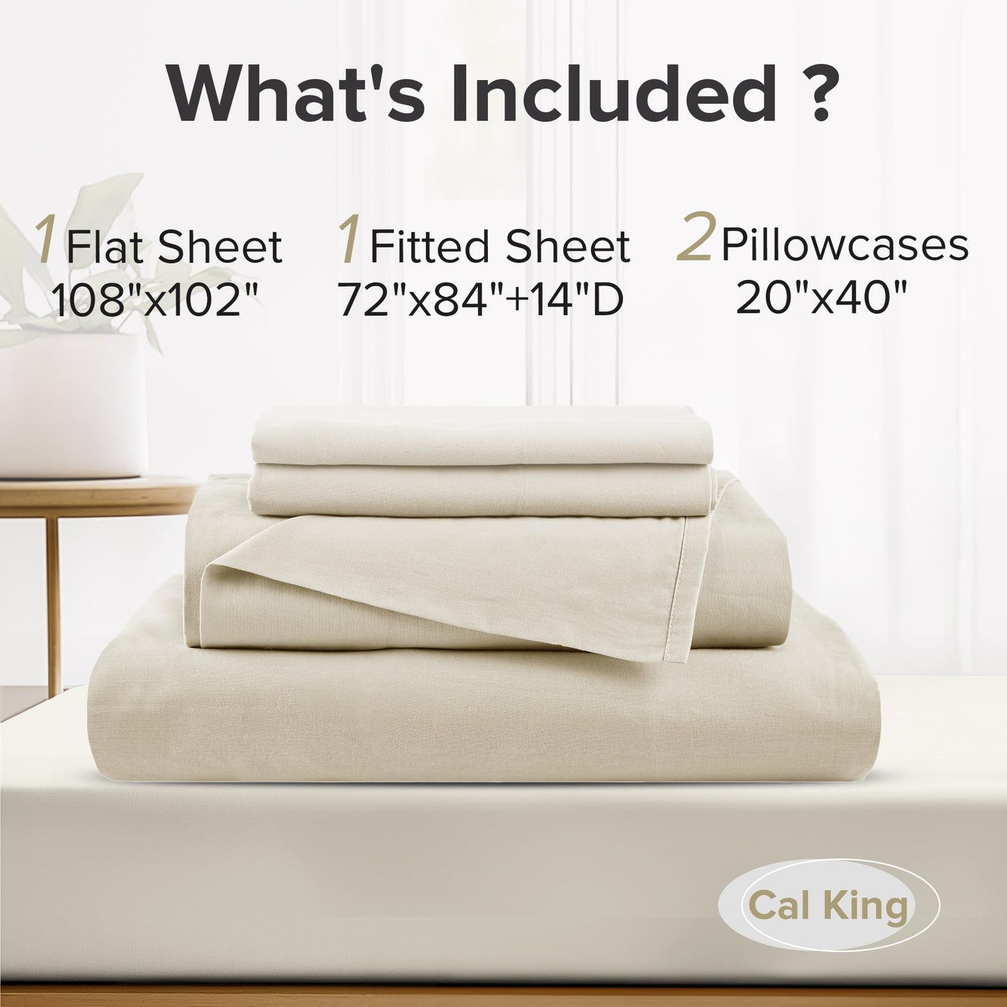 Comfort Spaces 100% Cotton Sheets Cal King, Breathable & Soft Cotton Sheets, Naturally Cool Cotton Bed Sheets with 14" Elastic Pocket Fits up to 16" Mattress, All Seasons Sheet Set, Cream 4 Piece