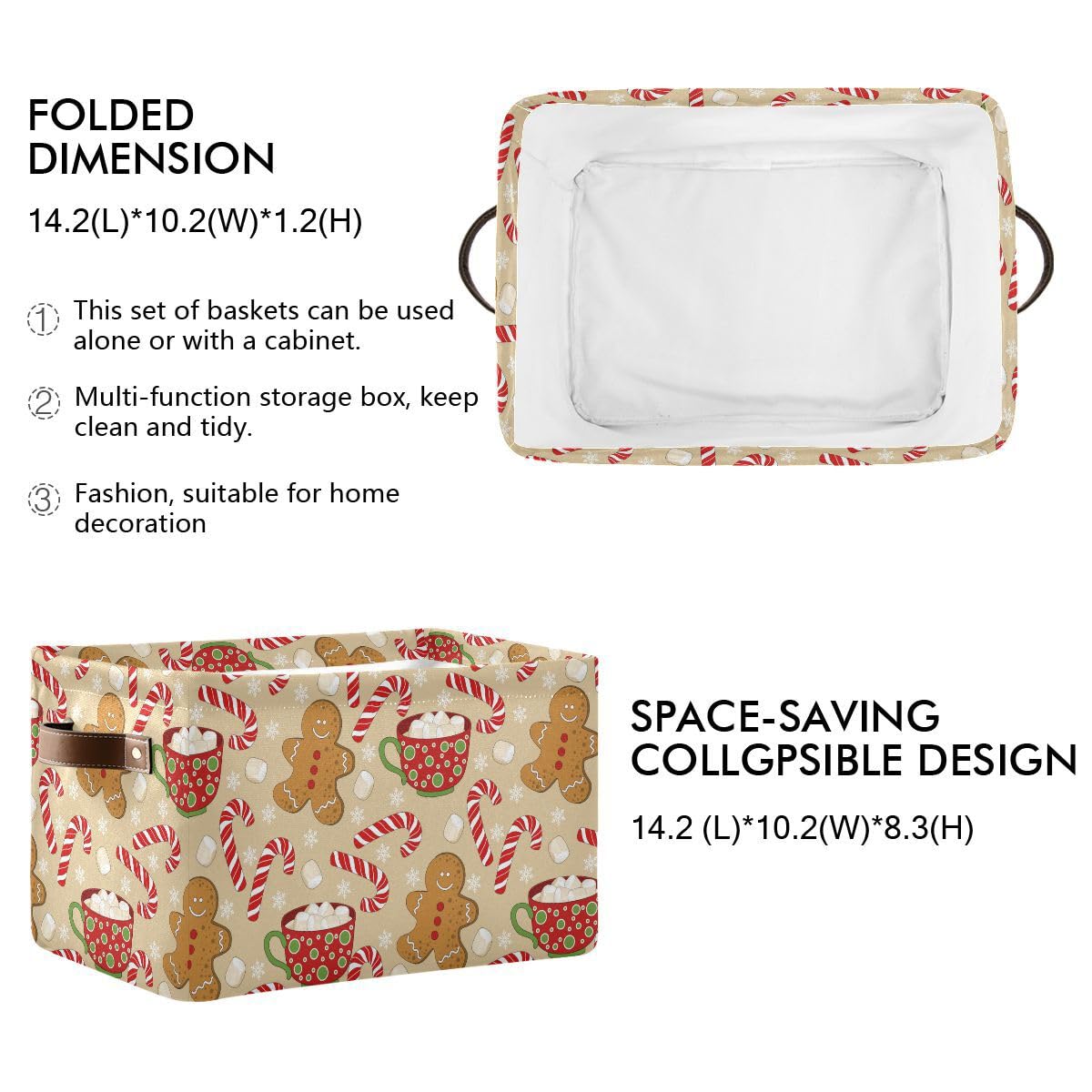 Christmas Gingerbread Man Storage Basket Fabric Kitchen Baskets Xmas Candy Cane Winter Snowflake Open Home Storage Bins Boxes Foldable Organizer Bag for Gift Book Shelf Closet Baskets 16×12×8 Inches