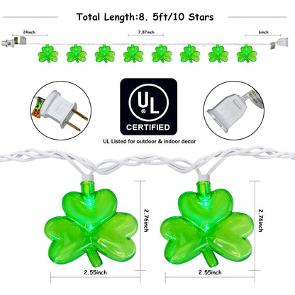 LED Shamrock String Lights Outdoor, 8.5Ft St. Patrick's Day Decorations Lights with 10 Green Clover Light, Plug in Shamrock Fairy Light for Indoor Outdoor St. Patrick's Day Party Irish Window Garden