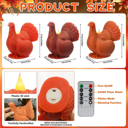 LCZLUMIPRO Set of 3 Autumn Harvest Flameless Candles - Real Wax Turkey Shaped LED Candles with Remote Timer, Battery Operated for Fall Thanksgiving Table & Winter Home Decor
