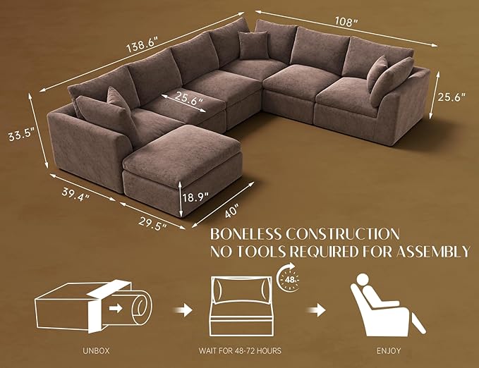 ohllob Oversized Cloud Couches for Living Room, Boneless Sectional Couch