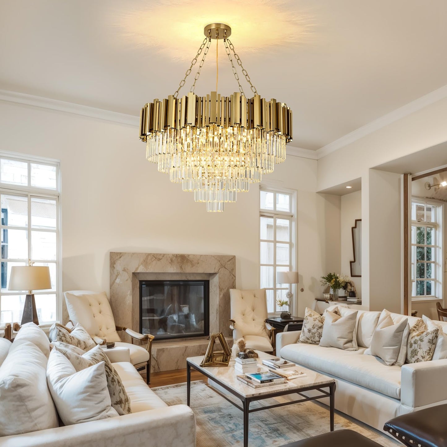 AOOCHOK Modern Crystal Chandelier Gold Pendant Light Fixtures, Round Crystal Pendant Lighting for Living Room, Dining Room, Bedroom, Restaurant, E12 x 12, Φ30inch