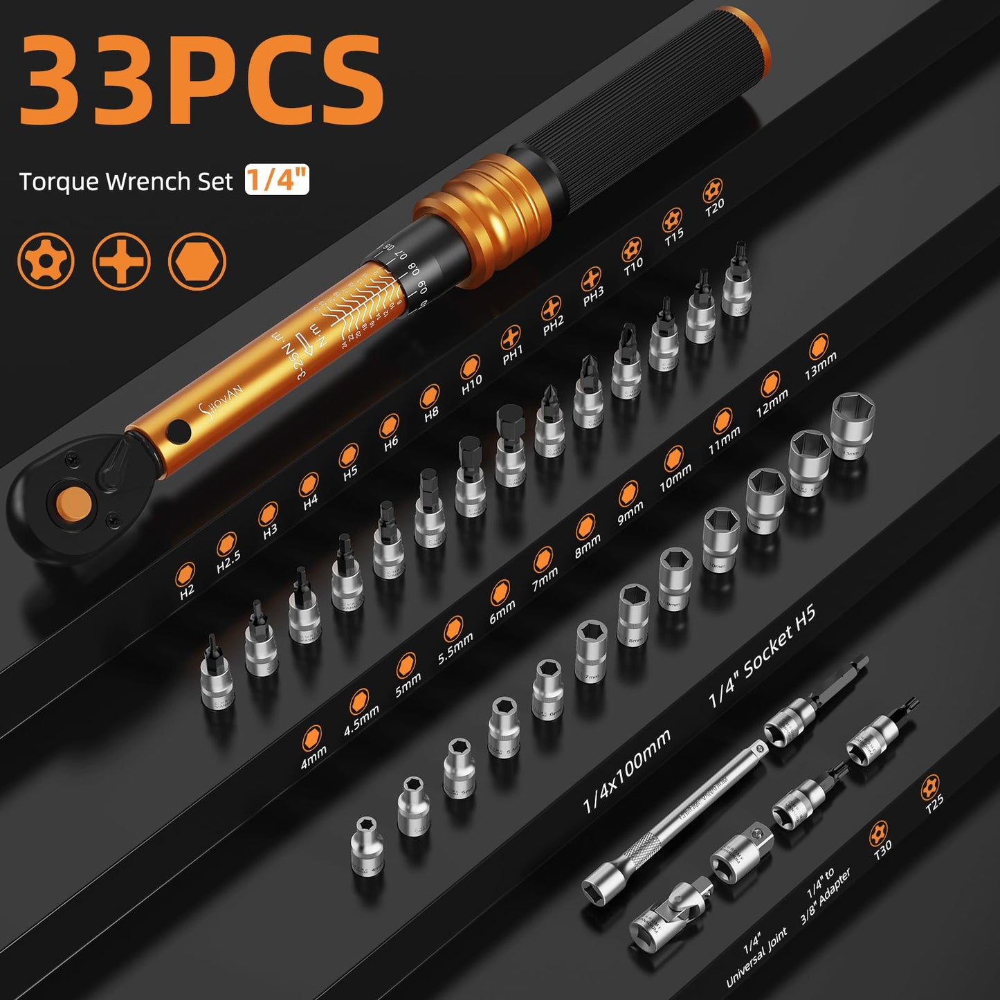 33PCS 1/4 Torque Wrench Set 3-25 Nm, Small Torque Wrench Bike, Dual-Direction 72 Teeth, ±3% Accuracy, with Extension Bar, Socket Bits (Hex & Torx & Philip), for Mountain Bike, Bicycle Repair