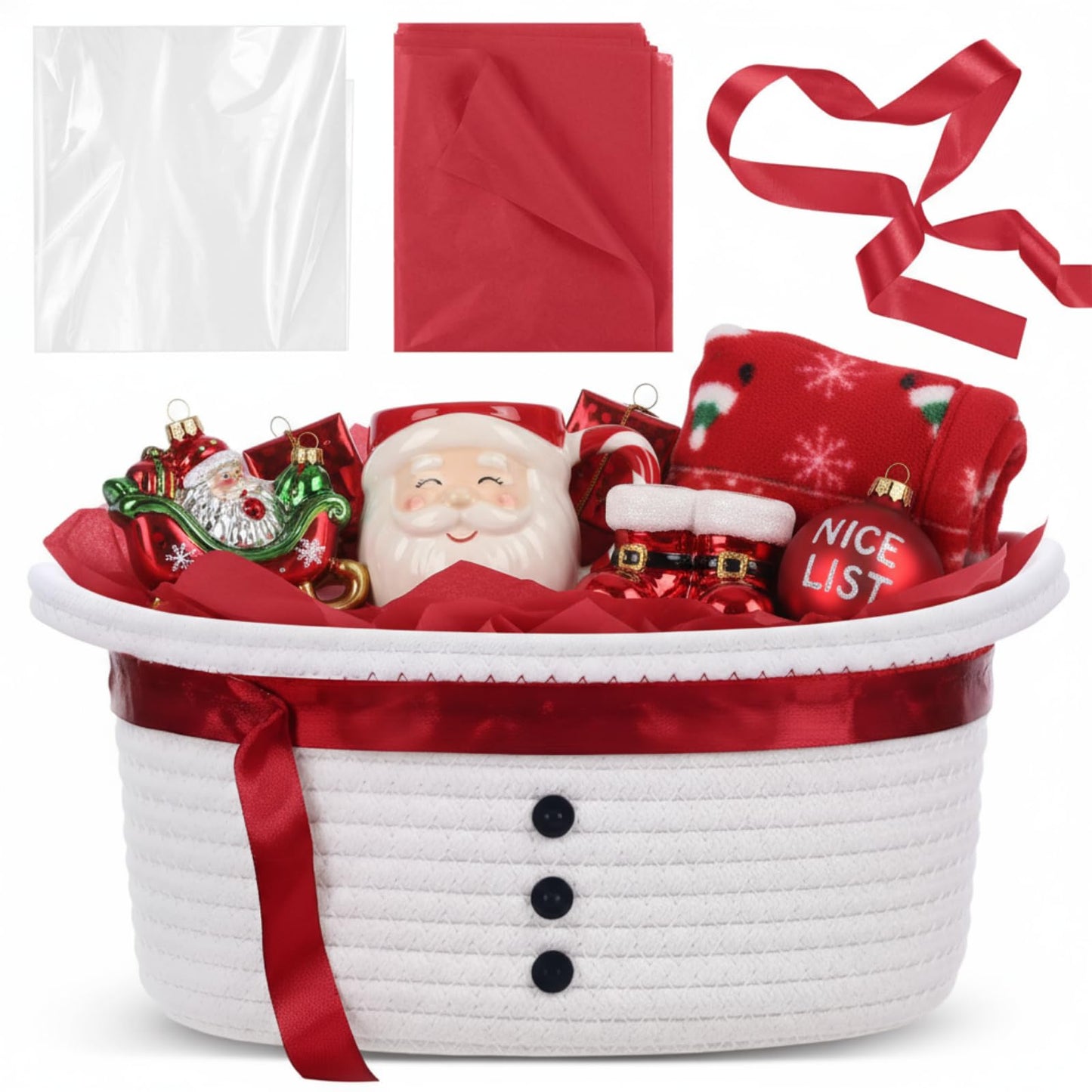 Zopeal Christmas Woven Basket with Gift Bag, Ribbon and Red Tissue Paper Snowman Empty Woven Bin Basket Holiday Decorative for Xmas Gifts, 12 x 8 x 5 Inch
