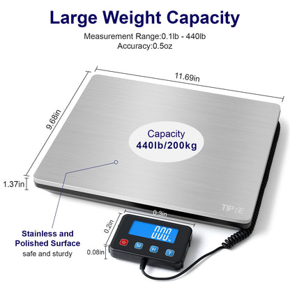 TIPRE Digital Shipping Postal Scale 0.5 oz High Accuracy！440lb Commercial Weight Scale for Package, Small Business, Mail, Warehouse, Home, Battery & Charging Cable Included