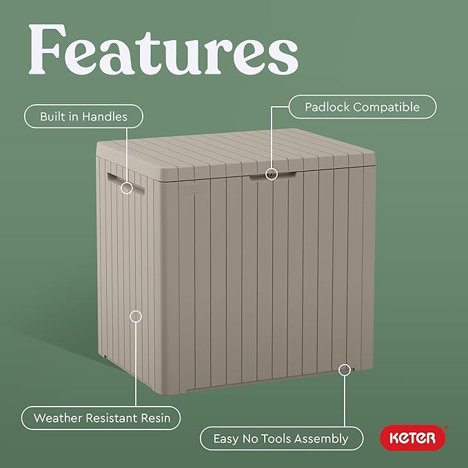 Keter City 30 Gallon Resin Outdoor Storage Box & Patio Side Table for Balcony, Pool, Deck & Garden Accessories, Weather‑Resistant, Beige