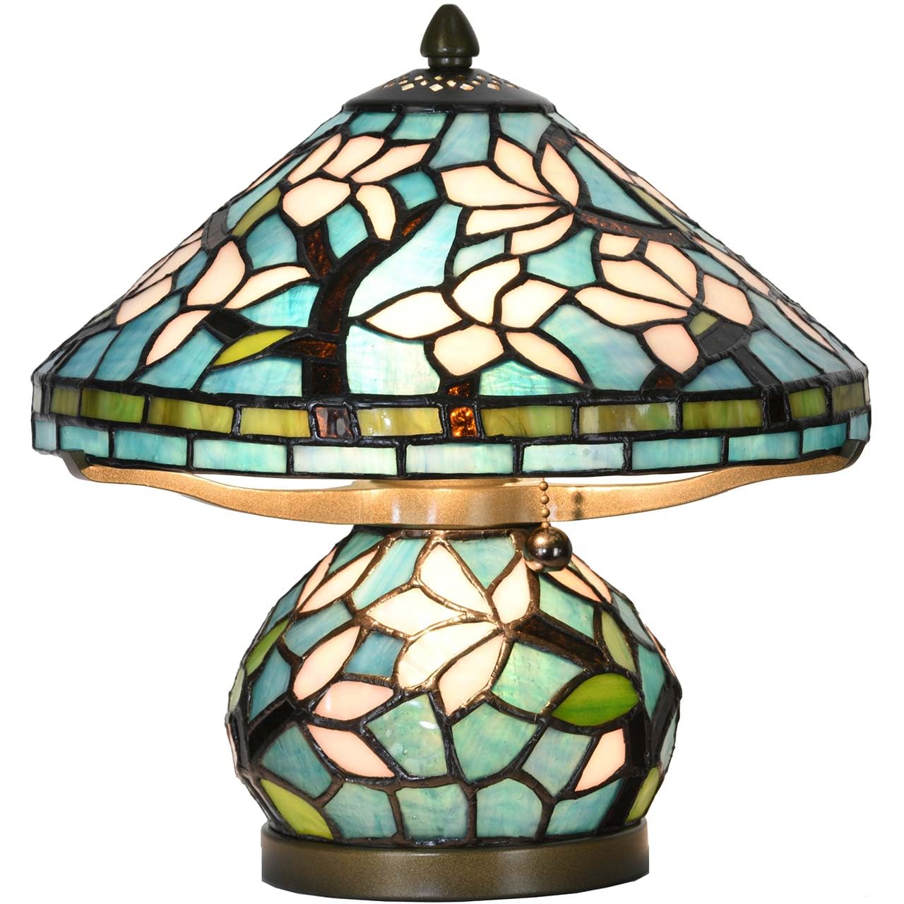 Bieye L10905 Tiffany Style Stained Glass Mushroom-Shaped Double Lit Table Lamp for Home Decor (10-inch, White Magnolia)