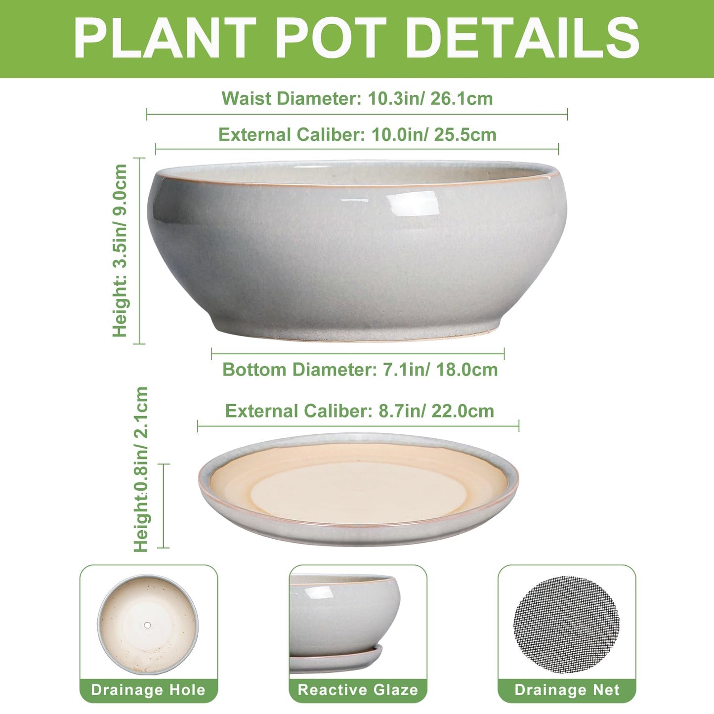 SQOWL Bonsai Pots - 10 Inch Ceramic Succulent Pots with Drainage Hole and Saucer, Large Shallow Indoor Planter, Bowl Round Planter Outdoor, Living Room Decor, Plant Lover Gifts, Gray