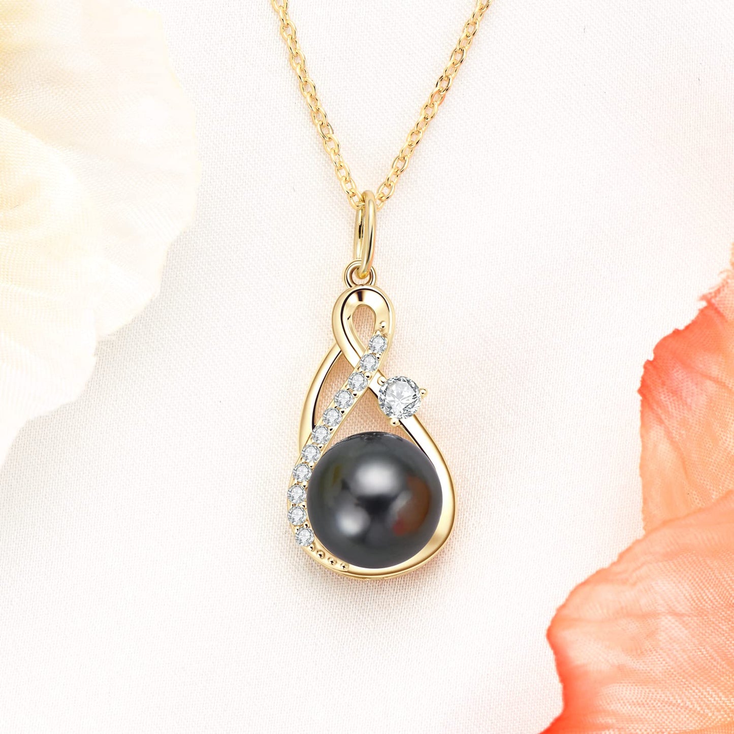 DENGGUANG Genuine Tahitian Black Pearl Necklace for Women, 14K Gold Plated Sterling Silver Infinity Pearl Pendant Necklace with Moissanite, Anniversary Birthday Mothers Day Jewelry Gift for Mom Wife
