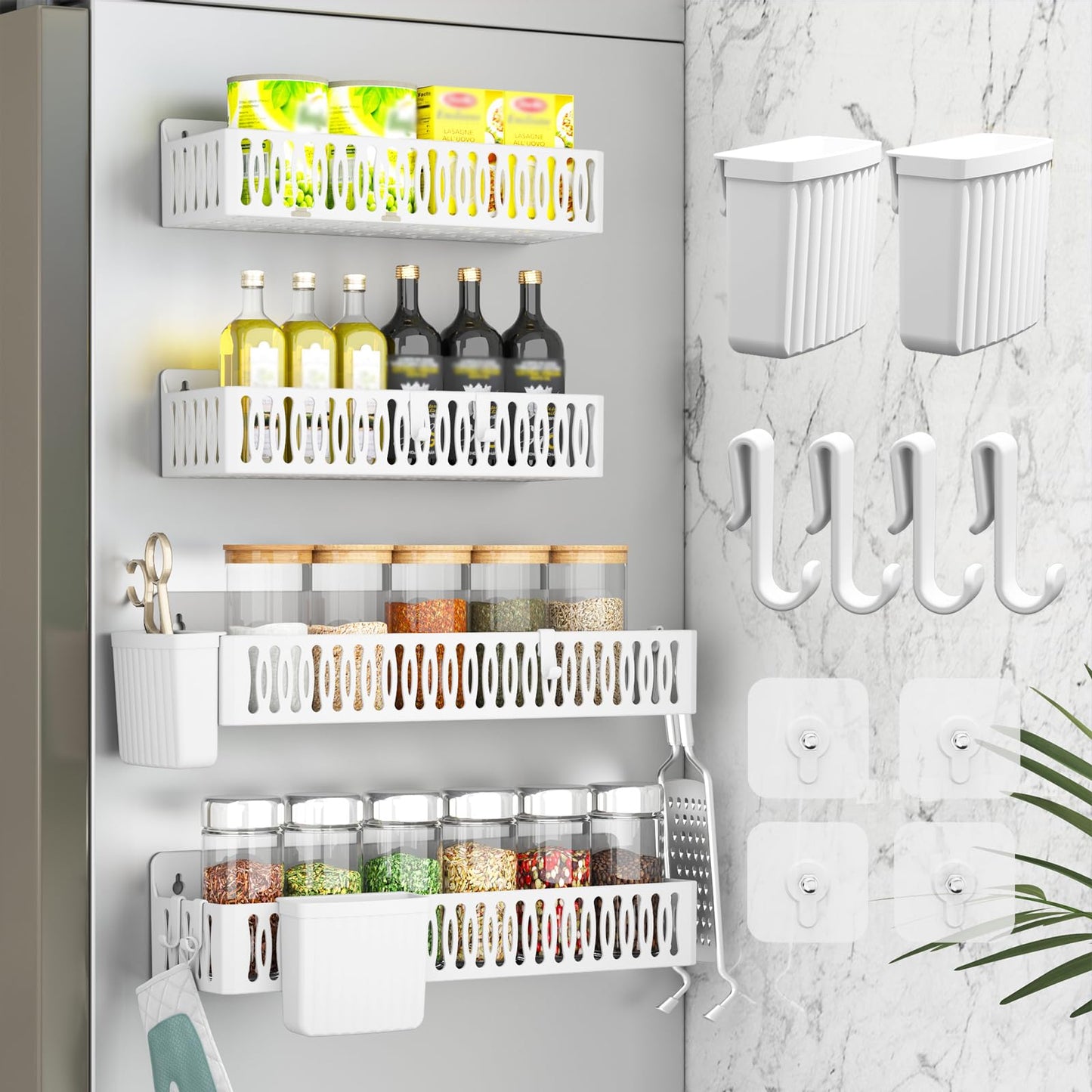 4 Pack Magnetic Spice Rack for Refrigerator, Spice Rack Organizer, Moveable Magnetic Shelf Fridge Organizer with 4 Hooks for Kitchen and Oven Organization, Black