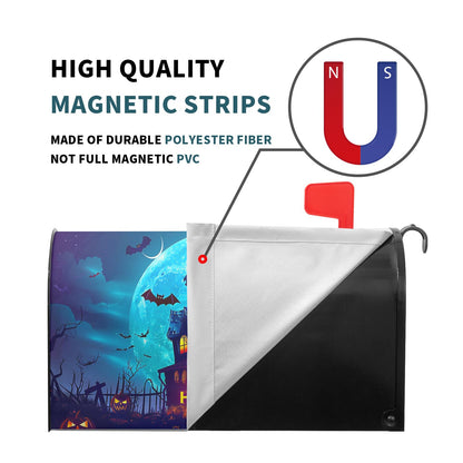 Happy Halloween Mailbox Covers Magnetic Scary Night Haunted House Waterproof Mail Box Wraps Large Size 25.5x21 Inch Full Moon Bats Decorative Blue Letter Box Cover for Home Garden Yard Outside