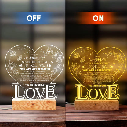 DongNaiWin to My Mom Never Forget That I Love You - Heart-Shaped LED Night Light for Mom - USB Powered Lamp with Engraved Love Message - Gift for Christmas Birthday, Home Decor