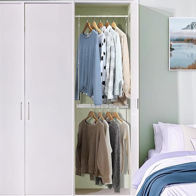 STORAGE MANIAC Hanging Closet Rod, Adjustable Width and Height Closet Hanging