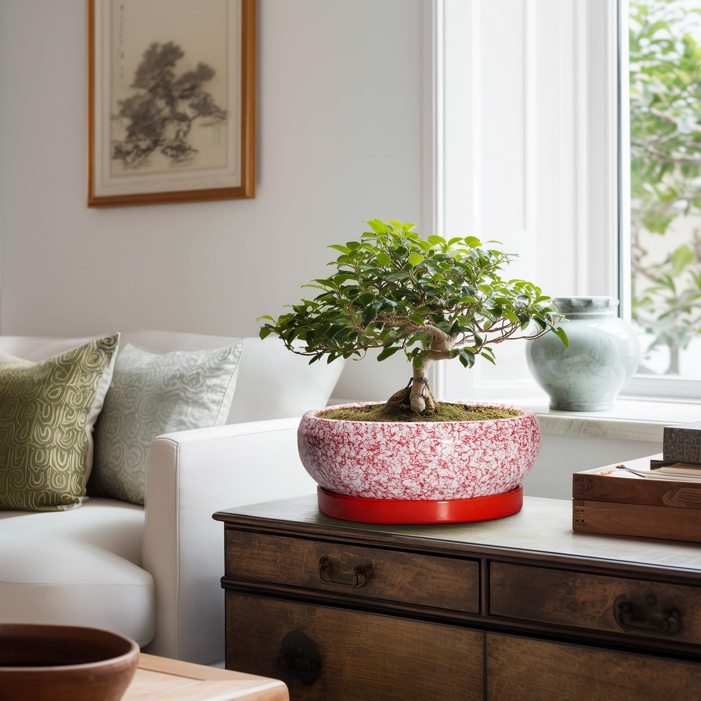 EPFamily Bonsai Pots 10 Inch - Ceramic Succulent Planters for Indoor Plants Outdoor, Succulent Pots with Drainage Hole and Tray, Round Shallow Planter, Bonsai Planter, Home Decor, Gardening Gift, Red