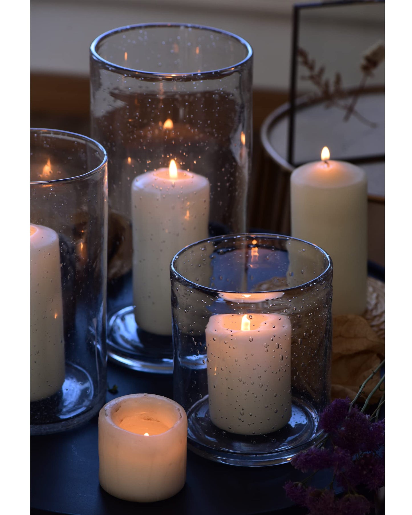 ARIAMOTION Hurricane Candle Holder for Pillar Glass Cylinder Vase Modern Rustic Centerpiece Clear Seeded Home Decor for Kitchen Table Living Room 8" H 1 Pack