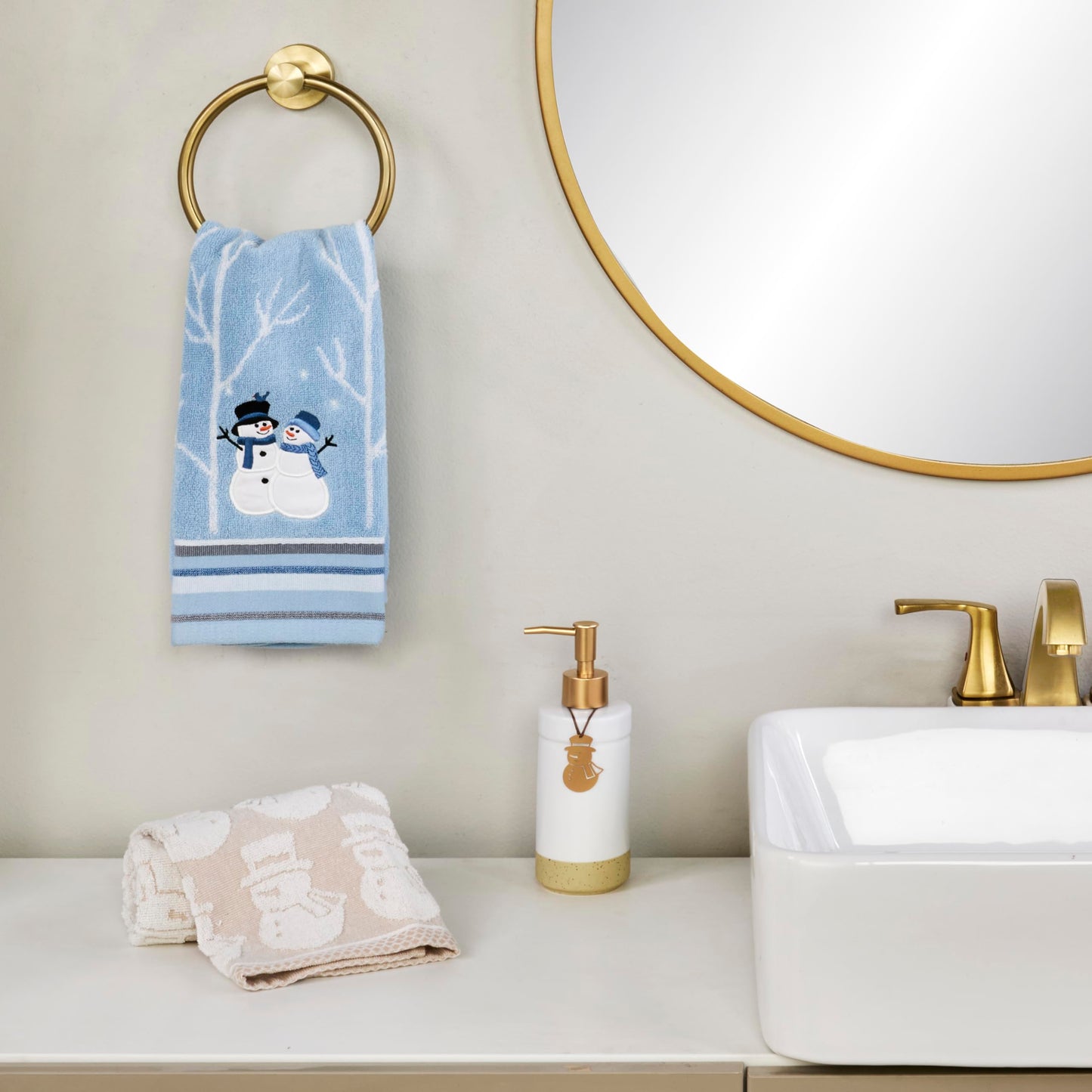 SKL Home Christmas Winter Friends Snowman Hand Towel 2pc Set for Bath/Kitchen & Gift, Blue