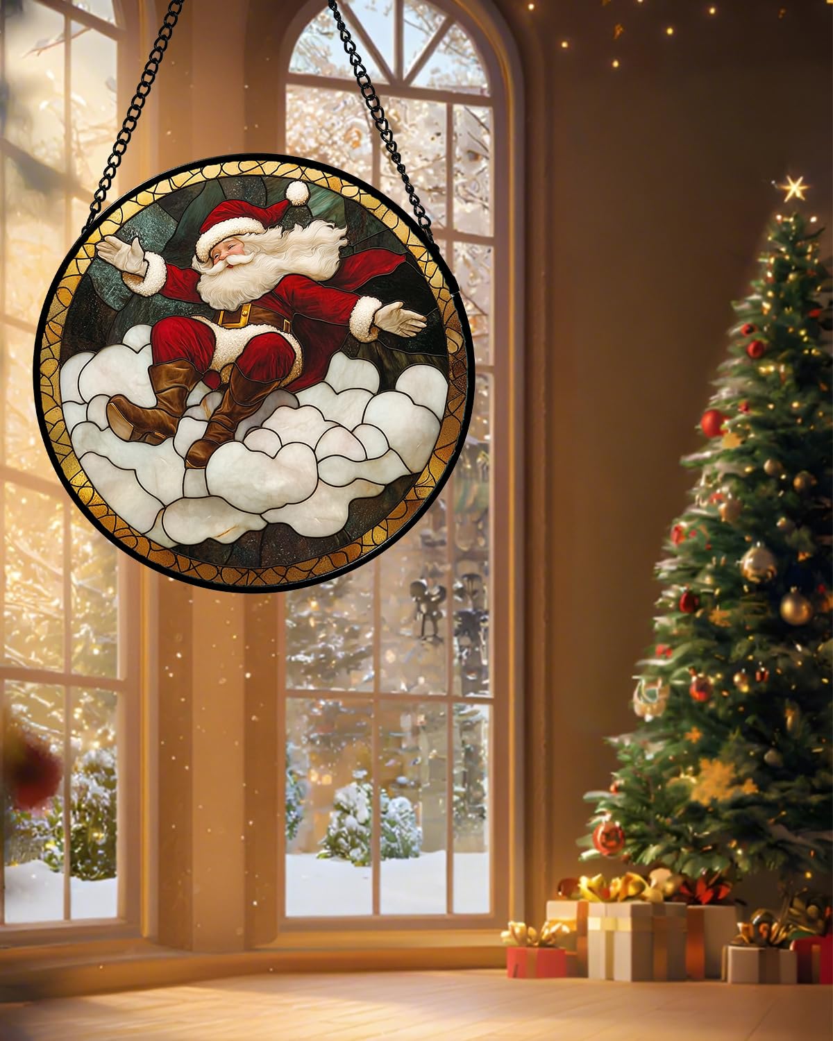 Stained Glass Window Hanging - Red White Santa Claus Clouds Suncatcher for Doors Home Christmas Decoration Sun Catcher Thanksgiving New Year Birthday Gifts for Friend Women Men Mom Nana 9.8 in