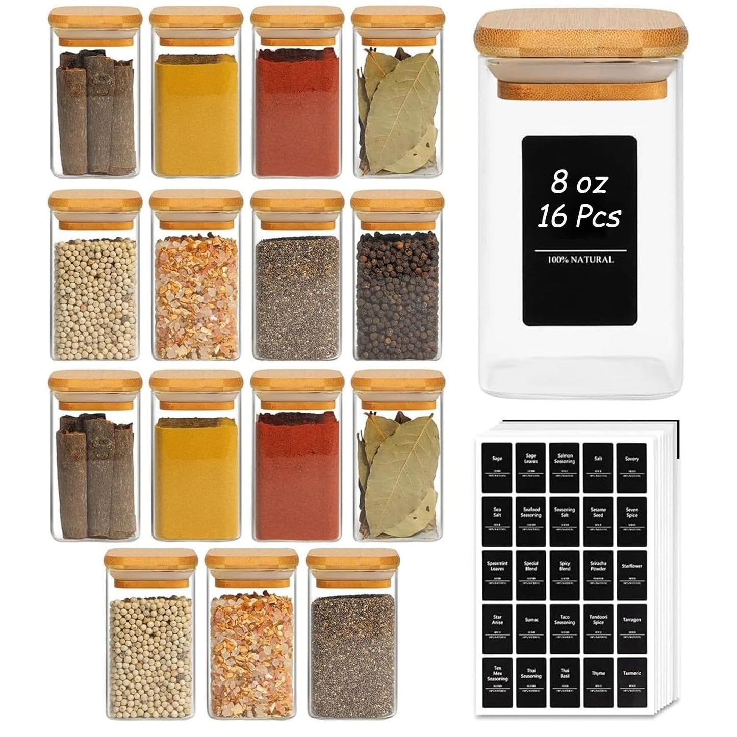 ComSaf 16Pcs Glass Spice Jars with Bamboo Lid, 4oz Airtight Square Spice Containers with 275 Black Lables, Empty Seasoning Jars for Spice Salt Sugar