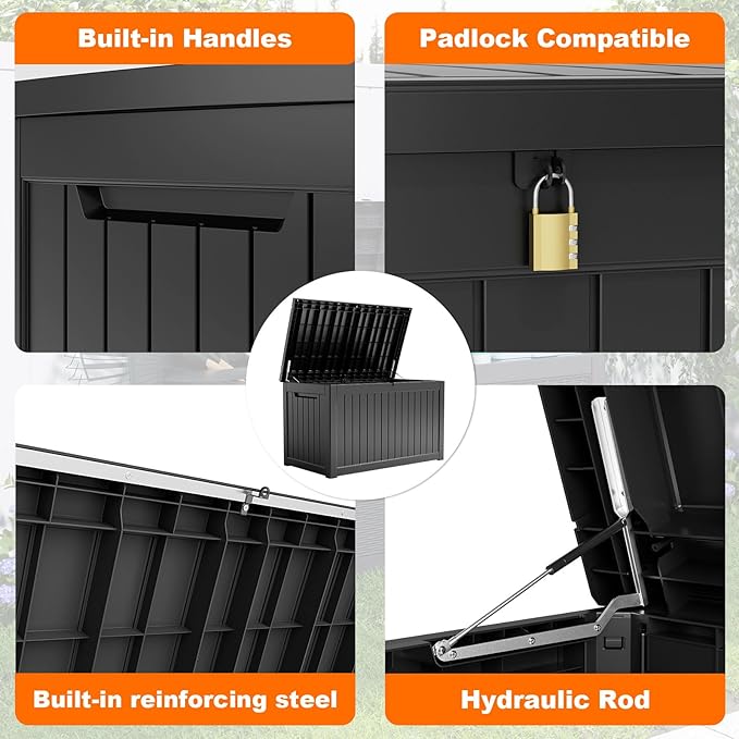 280 Gallon Resin Deck Box, Lockable Weatherproof Outdoor Storage Box for Furniture, Garden Tools and Tools Storage, Waterproof Outside Storage Boxes - Black