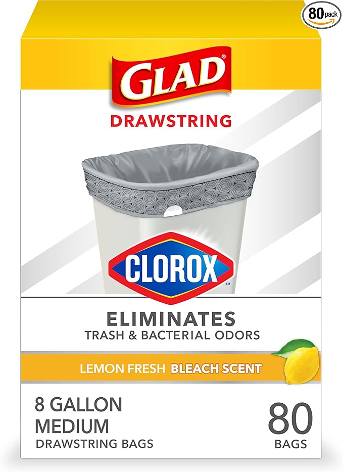 Glad Medium Trash Bags, 8 Gallon, Lemon Fresh Bleach Garbage Bags, Resists
