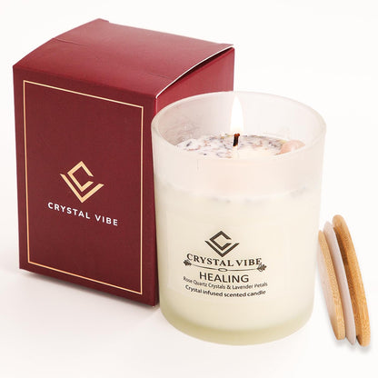 Crystal Vibe Healing Crystal Candle with Rose Quartz Crystals and Lavender Petals - Natural Soy Wax Lavender Scented Candle for Aromatherapy Meditation - Birthday Gifts for Women Girlfriend